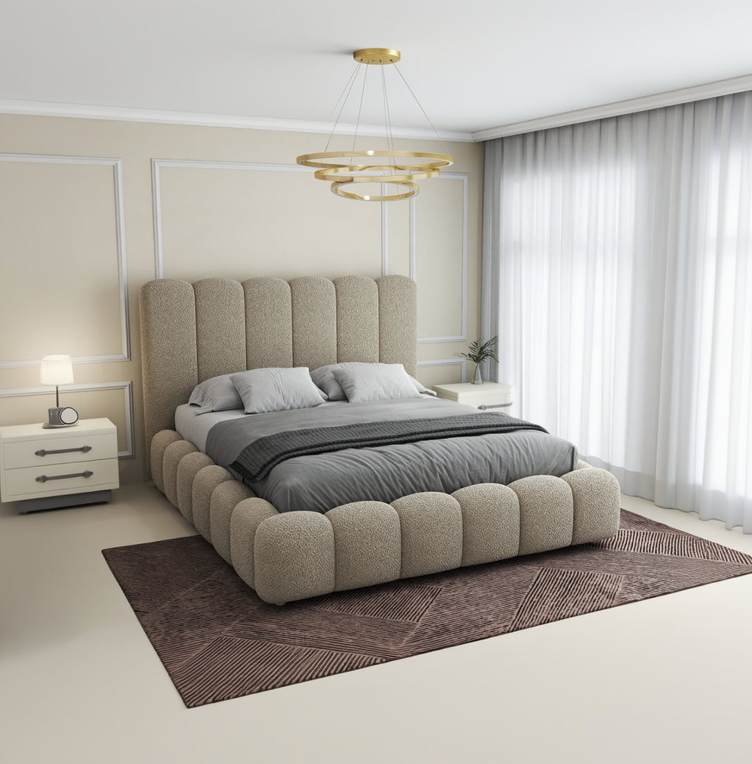 Pat dormitor dumonde, tapitat beige, Royal 180x200 cm, somiera rabatabila electric, spatiu depozitare