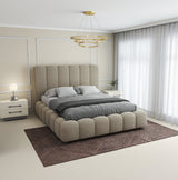 Pat dormitor dumonde, tapitat beige, Royal 180x200 cm, somiera rabatabila electric, spatiu depozitare