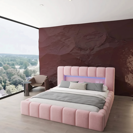 Pat dormitor dumonde, tapitat roz cu LED si USB, Palermo 160x200 cm, somiera rabatabila inclusa, spatiu depozitare WLS