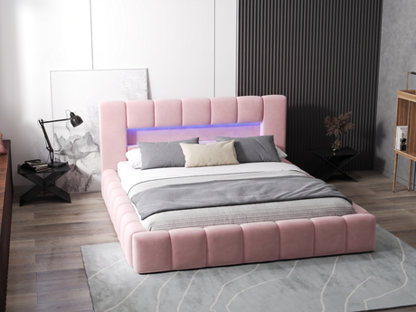 Pat dormitor dumonde, tapitat roz cu LED si USB, Palermo 160x200 cm, somiera rabatabila inclusa, spatiu depozitare WLS