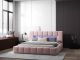 Pat dormitor dumonde, tapitat roz cu LED si USB, Palermo 160x200 cm, somiera rabatabila inclusa, spatiu depozitare WLS