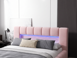 Pat dormitor dumonde, tapitat roz cu LED si USB, Palermo 160x200 cm, somiera rabatabila inclusa, spatiu depozitare WLS