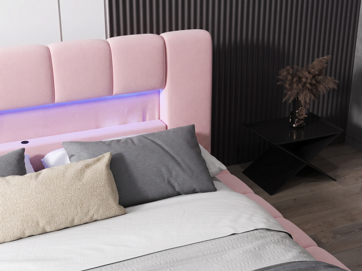 Pat dormitor dumonde, tapitat roz cu LED si USB, Palermo 160x200 cm, somiera rabatabila inclusa, spatiu depozitare WLS