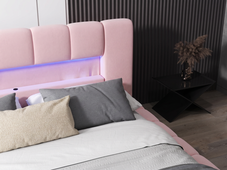 Pat dormitor dumonde, tapitat roz cu LED si USB, Palermo 160x200 cm, somiera rabatabila inclusa, spatiu depozitare WLS
