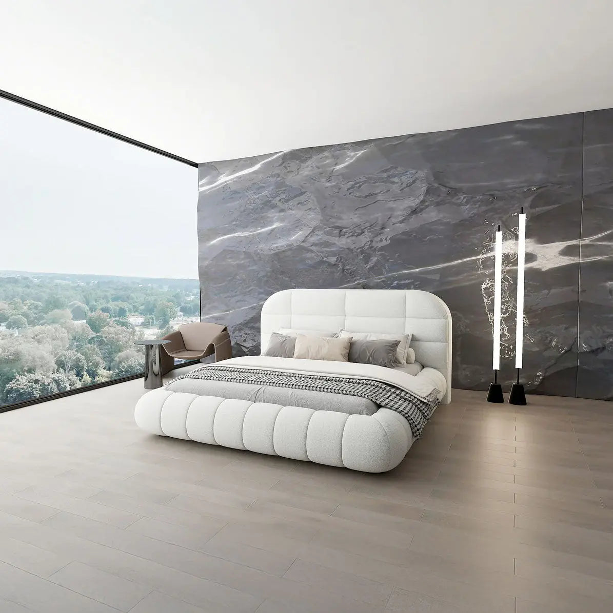 Pat dormitor dumonde, tapitat alb, Senso 160x200 cm, somiera rabatabila inclusa, spatiu depozitare dumonde