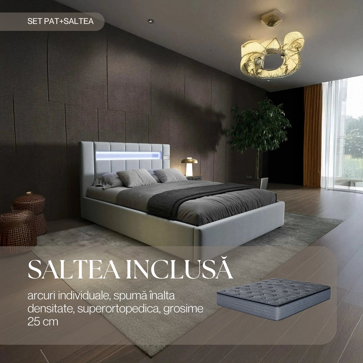 Set Pat dormitor dumonde, tapitat gri, Glow 160x200 cm, somiera rabatabila inclusa, spatiu depozitare + saltea