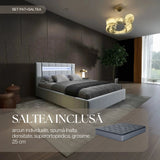 Set Pat dormitor dumonde, tapitat gri, Glow 140x200 cm, somiera rabatabila inclusa, spatiu depozitare + saltea