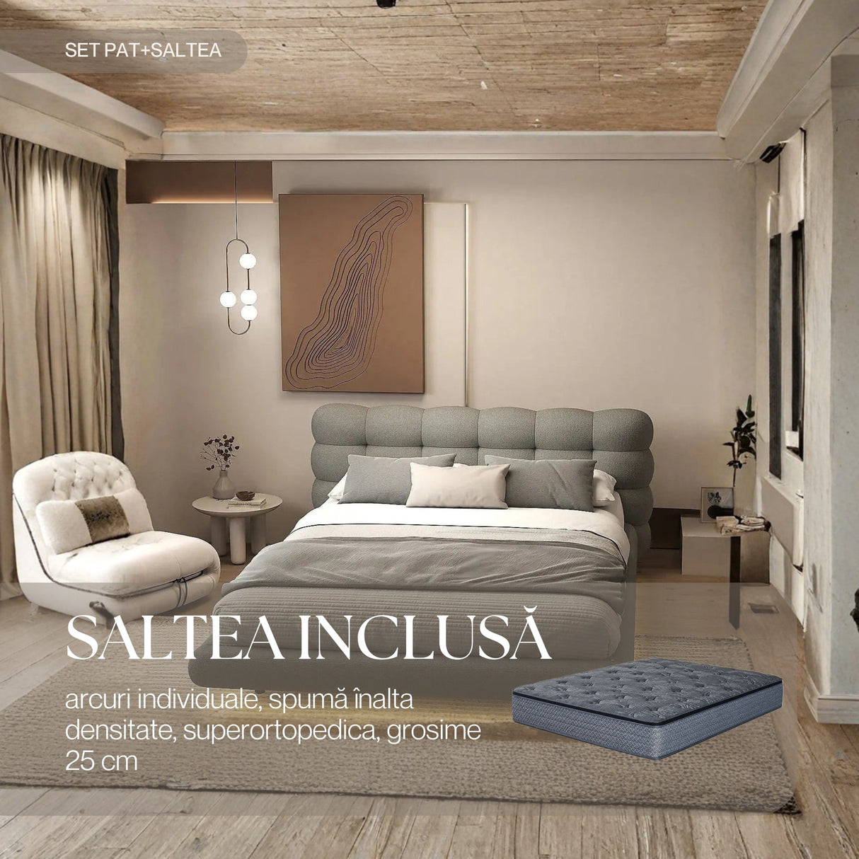 Set Pat dormitor dumonde, tapitat gri cu LED, "floating bed" Cloud 140x200 cm, somiera inclusa + saltea