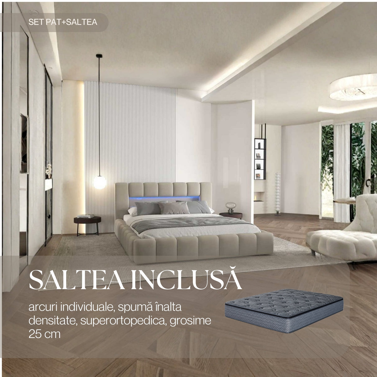 Set Pat dormitor dumonde, tapitat bej cu LED si USB, Palermo 180x200 cm, somiera rabatabila inclusa, spatiu depozitare + saltea
