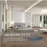 Set Pat dormitor dumonde, tapitat bej cu LED si USB, Palermo 180x200 cm, somiera rabatabila inclusa, spatiu depozitare + saltea