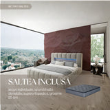 Set Pat dormitor dumonde, tapitat bej cu LED si USB, Palermo 160x200 cm, somiera rabatabila inclusa, spatiu depozitare + saltea