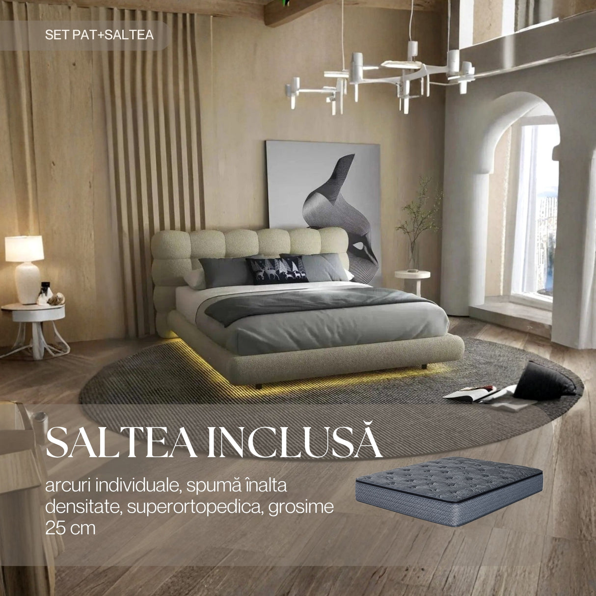 Set Pat dormitor dumonde, tapitat bej cu LED, "floating bed" Cloud 180x200 cm, somiera inclusa + saltea