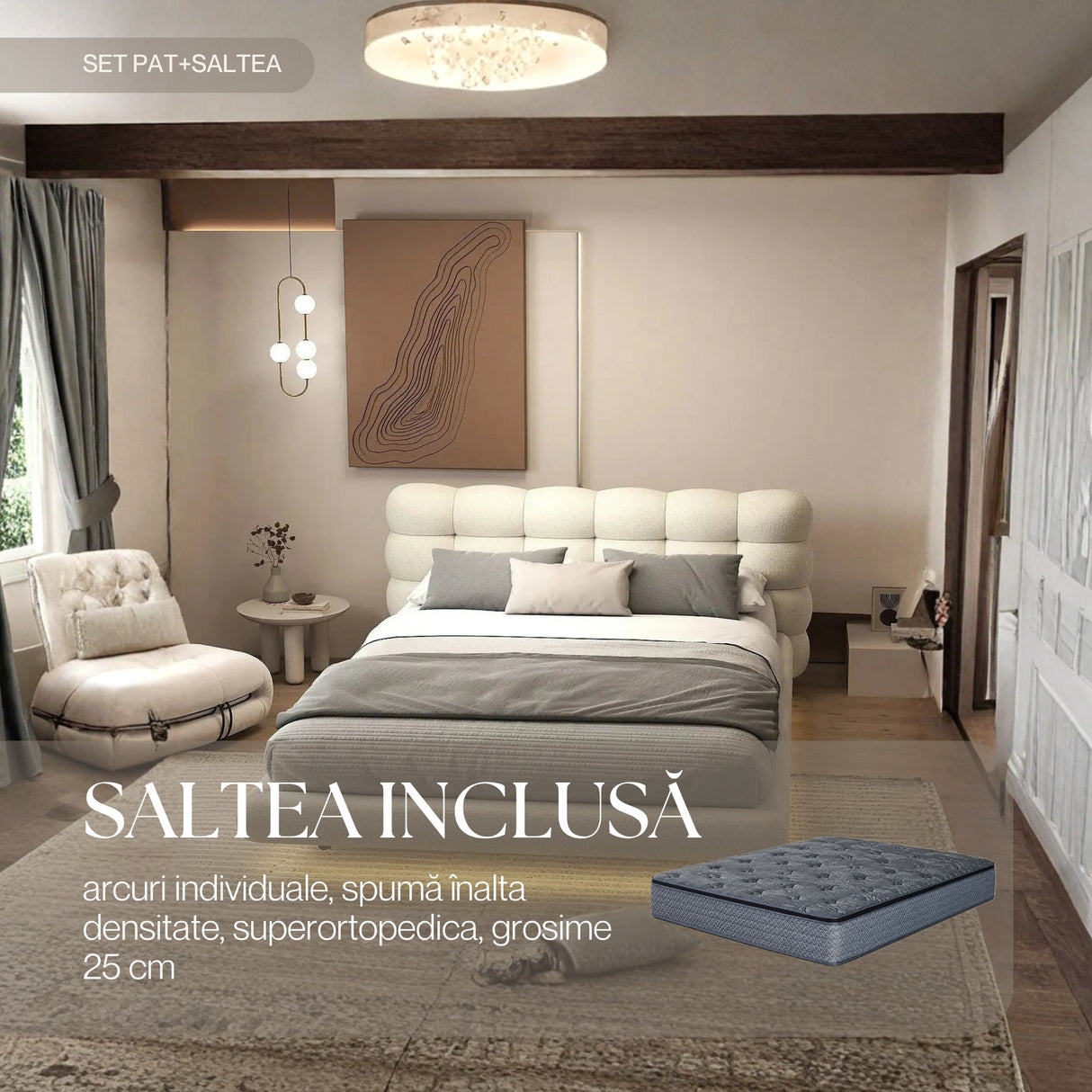 Set Pat dormitor dumonde, tapitat gri cu LED, "floating bed" Cloud 180x200 cm, somiera inclusa + saltea