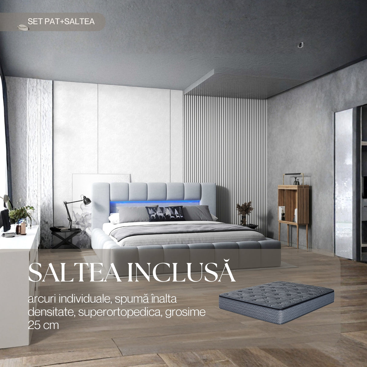 Set Pat dormitor dumonde, tapitat gri cu LED si USB, Palermo 160x200 cm, somiera rabatabila inclusa, spatiu depozitare + saltea