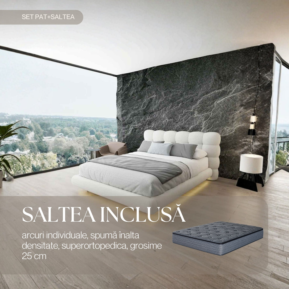 Set Pat dormitor dumonde, tapitat alb cu LED "floating bed" Cloud 180x200 cm, somiera inclusa + saltea