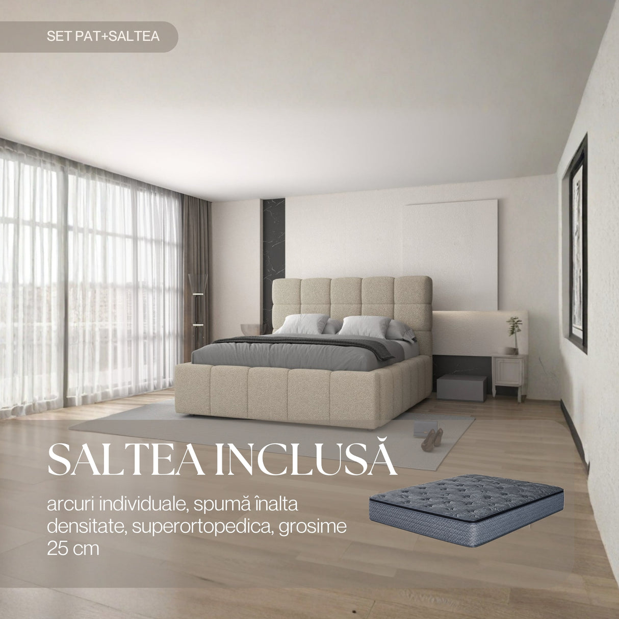 Set Pat dormitor dumonde, tapitat beige, Armonia 160x200 cm, somiera rabatabila inclusa, spatiu depozitare + saltea