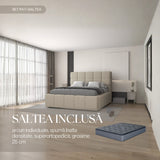 Set Pat dormitor dumonde, tapitat beige, Armonia 160x200 cm, somiera rabatabila inclusa, spatiu depozitare + saltea