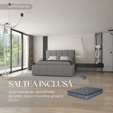 Set Pat dormitor dumonde, tapitat grey, Armonia 160x200 cm, somiera rabatabila inclusa, spatiu depozitare + saltea