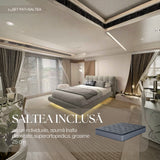 Set Pat dormitor dumonde, tapitat gri cu LED, "floating bed" Cloud 160x200 cm, somiera inclusa + saltea