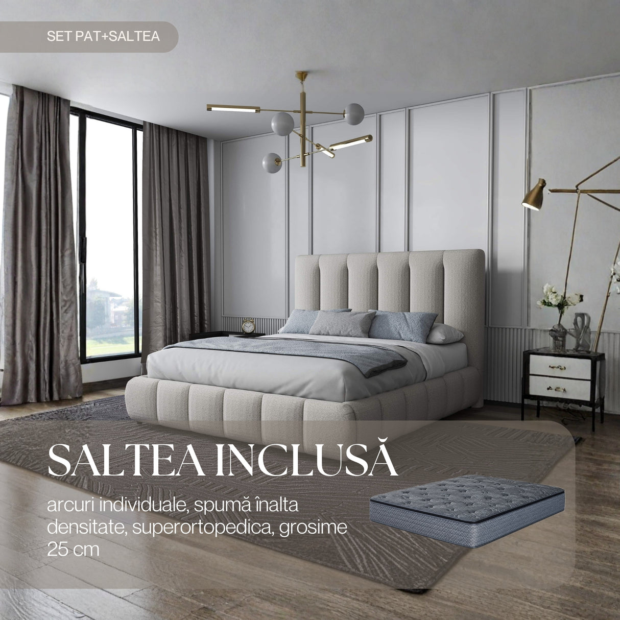 Set Pat dormitor dumonde, tapitat bej, Divaneo 180x200 cm, somiera rabatabila inclusa, spatiu depozitare + saltea