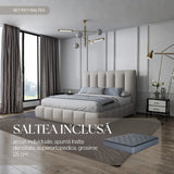 Set Pat dormitor dumonde, tapitat bej, Divaneo 180x200 cm, somiera rabatabila inclusa, spatiu depozitare + saltea