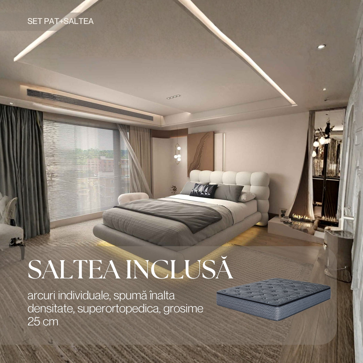 Set Pat dormitor dumonde, tapitat alb cu LED, "floating bed" Cloud 160x200 cm, somiera inclusa + saltea