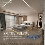 Set Pat dormitor dumonde, tapitat alb cu LED, "floating bed" Cloud 160x200 cm, somiera inclusa + saltea