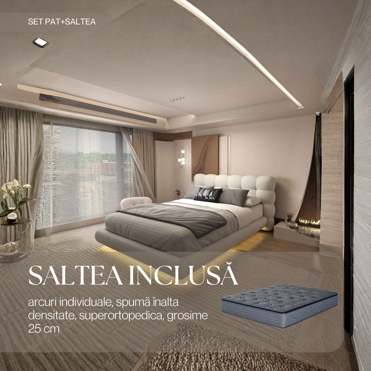 Set Pat dormitor dumonde, tapitat alb cu LED, "floating bed" Cloud 140x200 cm, somiera inclusa + saltea