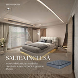 Set Pat dormitor dumonde, tapitat alb cu LED, "floating bed" Cloud 140x200 cm, somiera inclusa + saltea