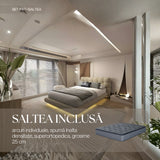 Set Pat dormitor dumonde, tapitat bej cu LED, "floating bed" Cloud 160x200 cm, somiera inclusa + saltea