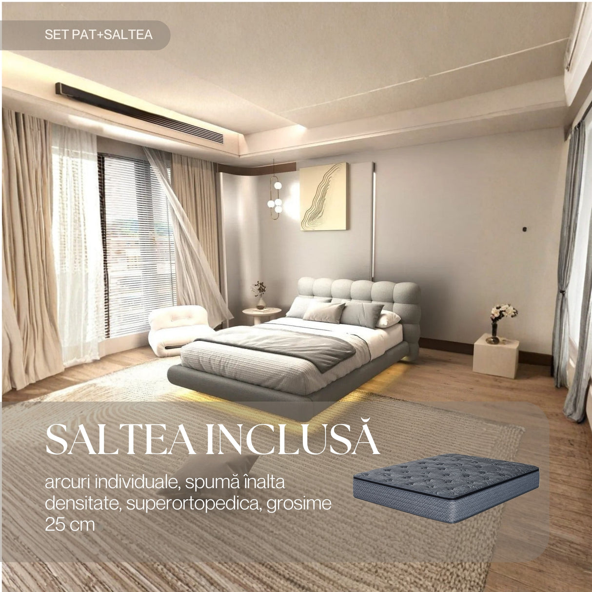 Set Pat dormitor dumonde, tapitat gri cu LED, "floating bed" Cloud 180x200 cm, somiera inclusa + saltea