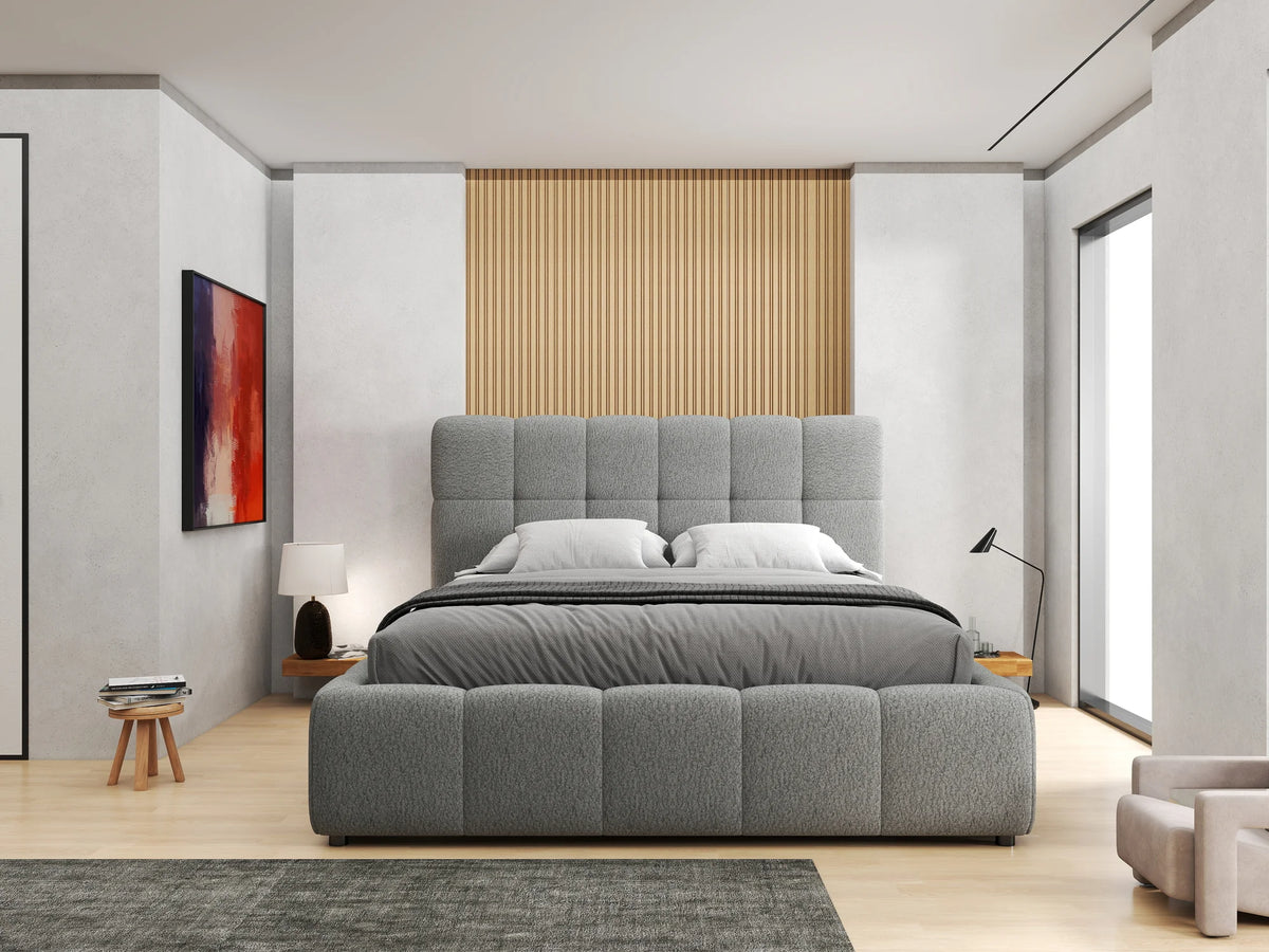 Pat dormitor dumonde, tapitat alb, Lorenzo 160x200 cm, somiera rabatabila inclusa, spatiu depozitare – imagine 7