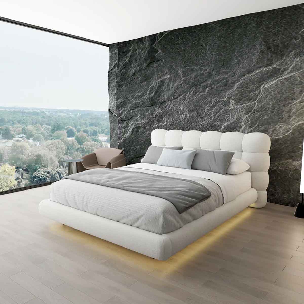 Set Pat dormitor dumonde, tapitat alb cu LED "floating bed" Cloud 180x200 cm, somiera inclusa + saltea