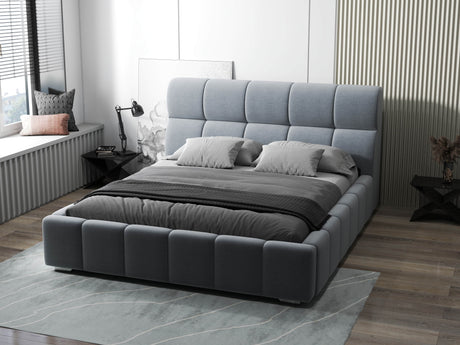 Pat dormitor dumonde, tapitat gri, Prestige 160x200 cm, somiera rabatabila inclusa, spatiu depozitare WLS