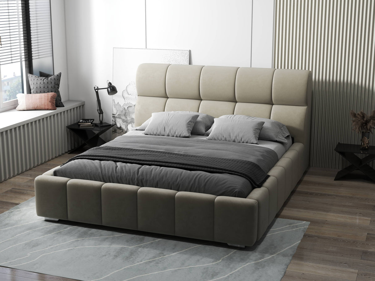 Pat dormitor dumonde, tapitat bej, Prestige 160x200 cm, somiera rabatabila inclusa, spatiu depozitare WLS