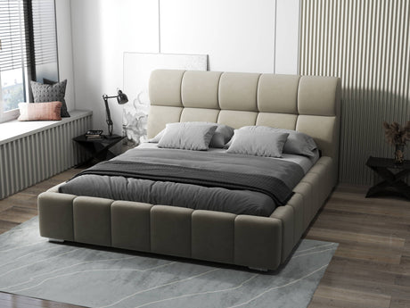 Pat dormitor dumonde, tapitat bej, Prestige 160x200 cm, somiera rabatabila inclusa, spatiu depozitare WLS